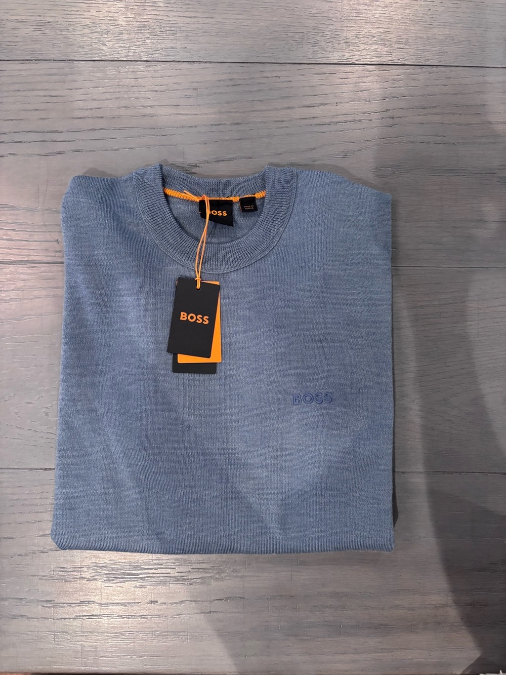 BOSS Light Blue Crewneck Sweater with Orange Tag Detail